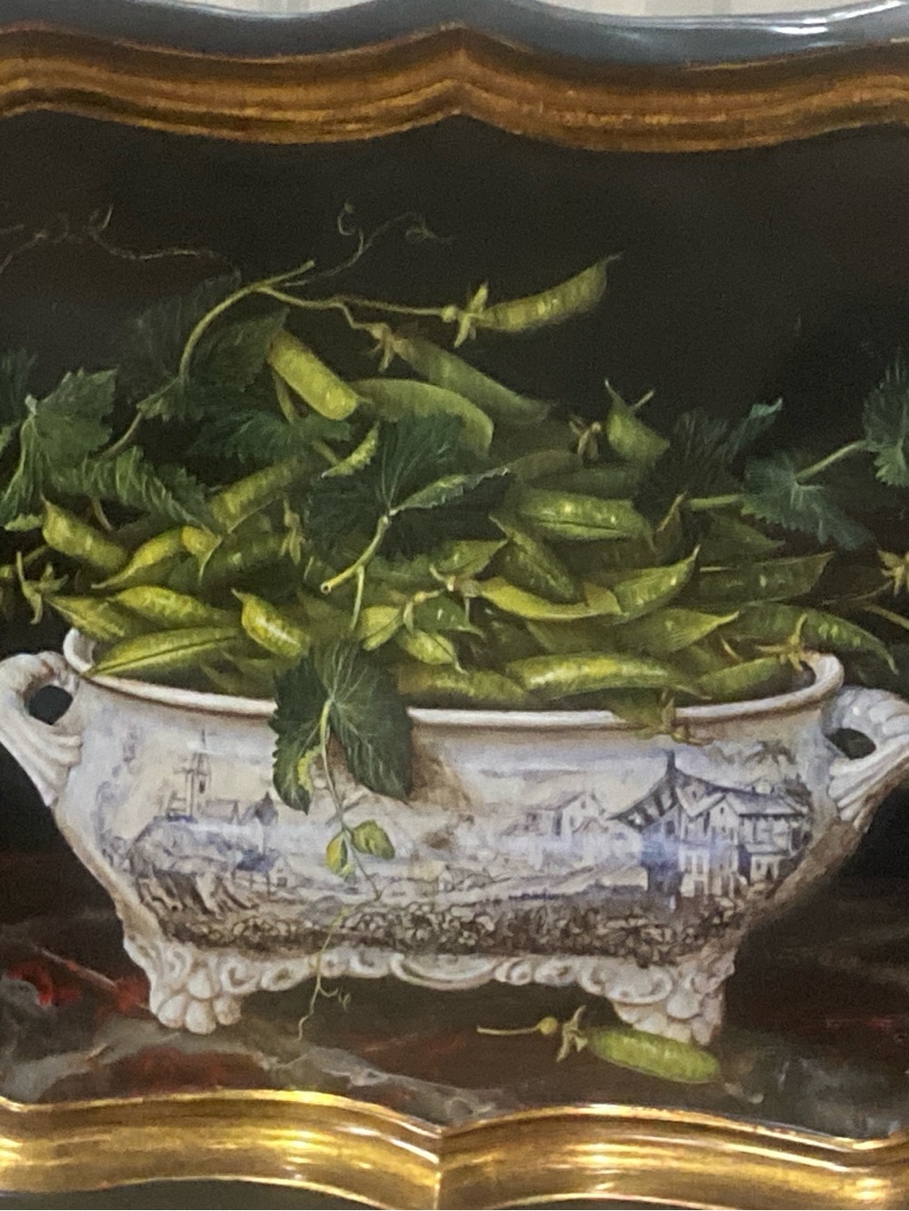 Artwork titled “Peas In Pods” In Tureen metal display